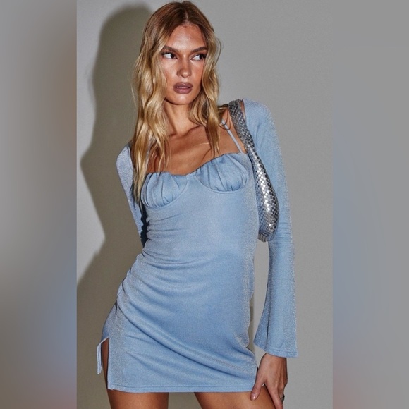 Princess Polly Dresses & Skirts - Princess Polly | 4 | Blue Silver Sparkle Long Sleeve Halter Neck Tie Mini Dress